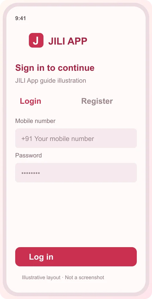 Illustrative login form showing mobile number and password fields.