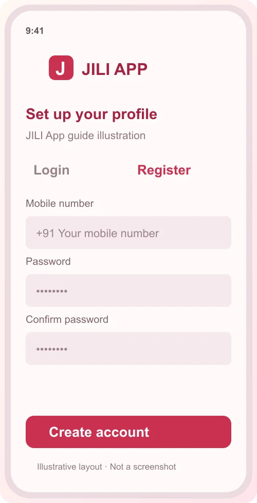 Illustrative register form showing mobile number and password fields.