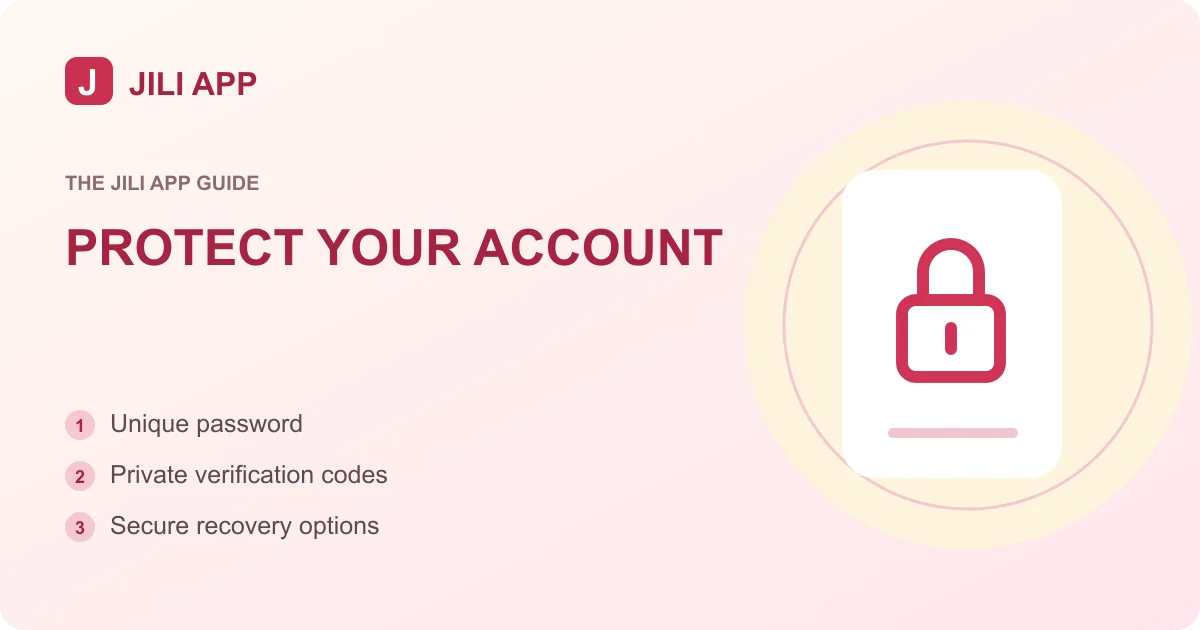 Account protection illustration with a lock, unique password, and recovery reminders.